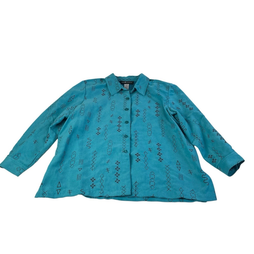 Sag Harbor Women's 18 Teal Patterned Button-Up Shirt Long Sleeve Casual Top